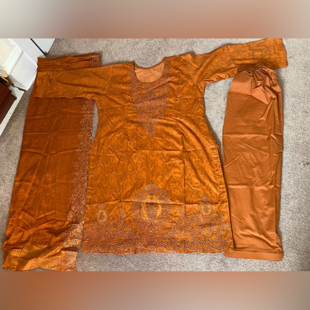 Elegant Orange color 3 pieces Pakistani Binsaeed dress size large